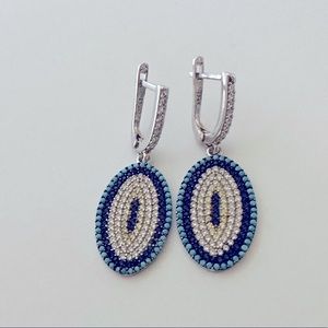 🧿 925 Silver earrings oval fancy evileye zirconia cz and turquoise hoops